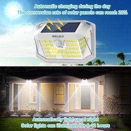 WELALO Solar Motion Sensor Lights Outdoor, [3 Modes/4 Pack/188 LED] 270° Wide Angle Lighting, Security Solar Powered Wall Lights, IP65 Waterproof Flood Lights for Fence Porch Yard Patio(White)