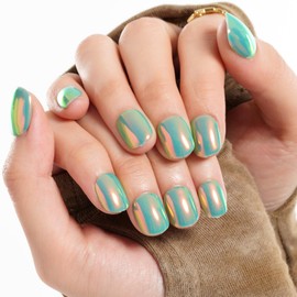 GLAMERMAID Press on Nails Extra Short Squoval, Christmas Handmade Soft Green Chrome Gel Glue on Nails, 24Pcs Glazed Donut Reusable UV Finish Fake Nails Acrylic False Nails Manicure Kits for Women