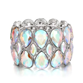 BriLove Wedding Bridal Bracelet for Brides, Crystal Double Row Water Drop Marquise Cluster Stretch Bangle for Women Dress Costume Jewelry Iridescent AB Silver-Tone