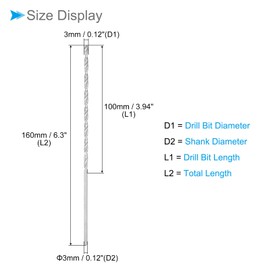 CoCud Extra Long Twist Drill Bit, 0.1 inch (3 mm) Drill Diameter, 6.3 inches (160 mm), Total Length, High Speed Steel, Twist Drill Bit for Copper, Metal, Wood, Aluminum, 2 Pieces