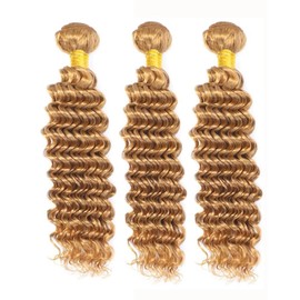 KODRHAR 12A Color #27 Deep Honey Real Hair Golden Wave Hair Bundle 16 18 20 Inch Golden Double Curtain Patch Deep Wave Bundles