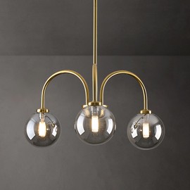 Wystco Modern Glass Globe Sputnik Pendant Light Chandelier, 3-Light Mid Century Light Fixture Chandeliers for Dining Room, Kitchen Island, Bedroom, Brass Gold and Smoke Grey Bubble, 19.7 Inch