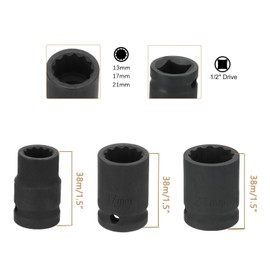 12-kant-Schlag-Stecknuss, 1/2-Zoll-Antrieb, 13/17/21 mm, metrische Spindel-Achsenmutter-Stecknuss, 38 mm Länge, Nuss, Schlag-Stecknuss für Autoreparatur, einfache Entfernung, 3 Stück