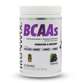 IRONWRX BCAA Powder | Grape Flavor | 30 SERVINGS | Zero Sugar | 2:1:1 Leucine, Valine, and Isoleucine Ratio with Citrulline Malate and L-Glutamine | Muscle Growth, Recovery, and Soreness Support