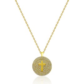 Shiny Cross Coin Necklace for Women | 2 cm Pendant with Rhinestones | 925 Sterling Silver Cross Pendant on Cable Chain | Hypoallergenic | Dainty and Minimalist (Gold-plated sterling silver)
