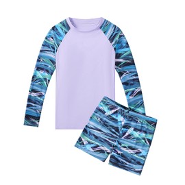 Girls Long Sleeve Swimsuits Rash Guard Sun Protection UPF 50+ Swimwear 2 Piece Swim Set Girls Swimming Costume 4-14 Years Purple