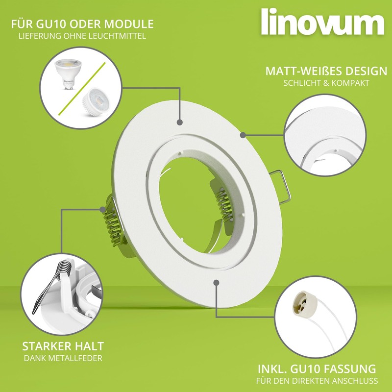 linovum Recessed Spotlight Mounting Frame Painted White Round Rigid Including