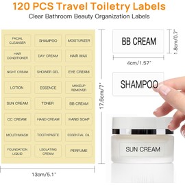 HVSWLY - Etiquetas para artículos de cambiador para botellas de tamaño de viaje, 120 etiquetas de botellas de viaje, impermeables, etiquetas transparentes de baño, etiqueta de maquillaje para champú