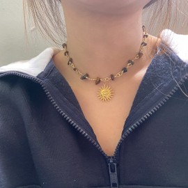 QqzsJewls Tiger Eye Necklace Real Crystal & Healing Stone Protection Choker Necklace Yellow Gold 15" Women Dainty Sun Pendant Rosary Vintage