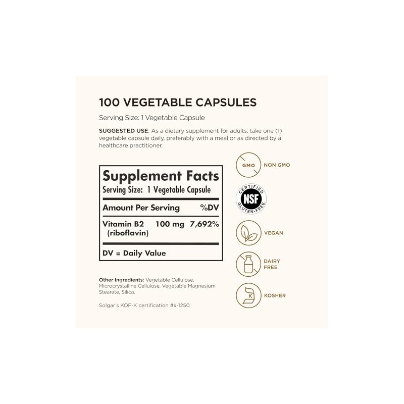 Solgar Vitamin B2 (Riboflavin) 100 mg Vegetable Capsules - Pack