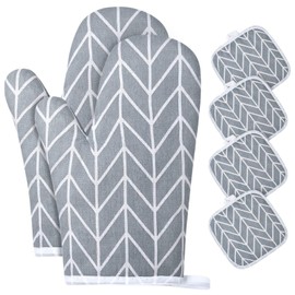 AUAUY 1 Pair Oven Gloves and 4 Pot Holders, Cotton Non-Slip Oven Gloves, Washable Oven Gloves, Heat Resistant [up to 180°C/356°F] Cooking Gloves for Cooking, Baking, Grilling (Grey)
