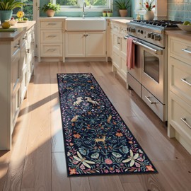 STARUIA Washable Runner Rug, 2x6 Runner Rugs for Hallway, Non-Slip Kitchen Runners, Vintage Unicorn Floral Soft Low Pile Non-Shedding Carpet for Hallways, Entryway, Bedroom, Bathroom(Navy Blue)