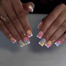 White French Tips Press on Nails Short Square Fake Nails with Blue Yellow Pink Flower Design Glue on Nails Glossy Spring Nails Reusable Summer False Nails for Women Girls Manicure 24pcs