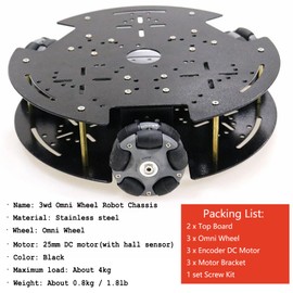 Professional 3WD Smart Robot Car Chassis Kit with 58mm Nylon Omni Wheel & DC Encoder Motors for Arduino Raspberry Pie Microbit, 2-Layer Metal Triangle Panel Robotic Platform DIY Heavy Load Model