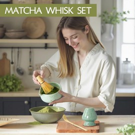 4Pcs Matcha Whisk Set， Matcha Set with Bamboo Matcha Whisk, Ceramic Bowl, Scoop & Holder，Complete Matcha Kit with Giftbox Packing Gift for Matcha Lover