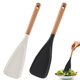 2 x Multifunktions-Löffelspatel, 2-in-1 langer Holzgriff, mattes Silikon, Salatlöffel, Kochlöffel für antihaftbeschichtetes Kochgeschirr, multifunktionaler Spatel
