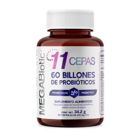 MegaBiotic Suplemento Alimenticio Probióticos 60 Billones, 60 Cápsulas | Aporta 60 Billones de UFC por Porción. Contiene Probióticos y prebióticos. Co