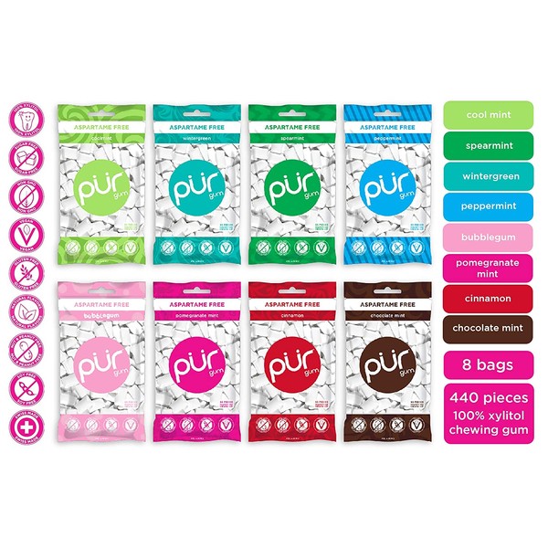 PUR 100% Xylitol Chewing Gum, Variety Pack, 55 Count (Pack of 8) Sugar-Free + Aspartame Free, Vegan + non GMO