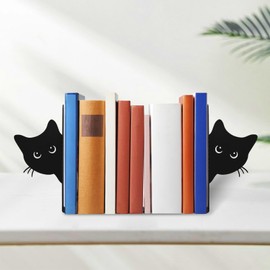 2Pcs Peeping Cat Metal Bookends Bookshelf Decorative Cute Cat Book Ends for Shelves with Stable Base Office Home Desk Bookshelf Decor Cats Lover Gifts for Women(black-2-Full face Style)