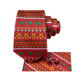 Dubulle Mens Christmas Tie Set Snowflake Santa Tree Neckties for Men Pocket Square Cufflinks Festival Party,Red Gold