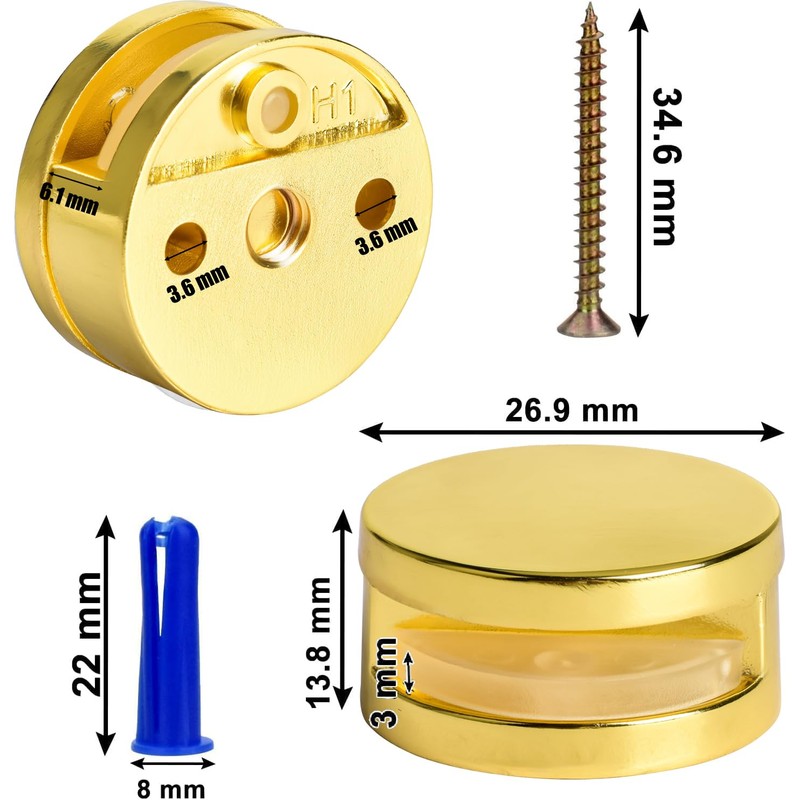 Golden Upgraded 3-5mm Frameless Mirror Mounting Hardware 8 Pack Dual-Screw