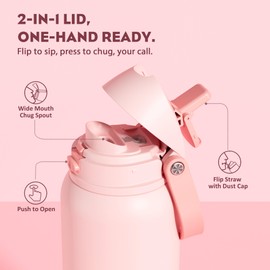 POWCAN 40 oz Insulated Water Bottle for Sports: 2-in-1 Lid with Push-Button Spout & Quick-Flip Straw, Leakproof, Car Cupholder Friendly, Stainless Steel for Gym, School, Travel, Camping (Cotton Candy)