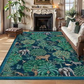 GarveeHome Jungle Washable Rug 9x12 Area Rugs for Living Room Bedroom, Animal Print Rug Non Slip Low Pile Forest Stain Resistance Large Throw Carpet for Dining Room Kids Playroom Nursery, Blue