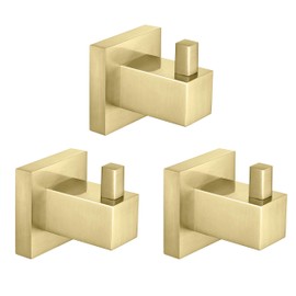 KIBI Cube Bathroom Towel Hook Wall Mounted Robe Hook | 2 inch Solid Brass Wall Hooks for Bathroom (Brushed Gold) (KBA1501) (Pack of 3)