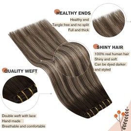 Ugeat Balayage Clip i Hair Extensions 24Inch #4/18/4 Balayage Dark Brown to Ash blonde with Dark Brown Clip in Natural Human Hair Extensions Silky Straight Hair 120g Double Weft Cilps 7PCS