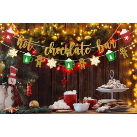 Hot Chocolate Bar Glittery Christmas Banner + Ginger Bread Men+ Snowflakes+ Xmas Cups with Marshmallows Bunting Garland Sign, Perfect Decoration for Merry Sparkly Party Supplies, Winter Theme Favors