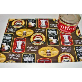 Coffee Time! Placemats (Individually priced) Made in USA 18" x 12" Padded Reversible Wash/Dry 100% Cotton Fabric Coffee Latte Design Brown/White Print