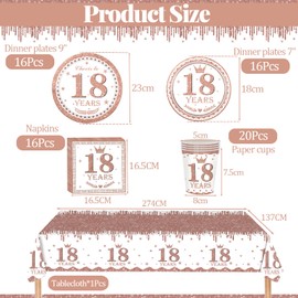 Rose Gold 18th Birthday Decorations - 69pcs Tableware Set for Her, Includes Tablecloth, Plates, Napkins, and Cups