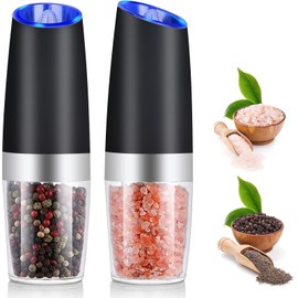 Electric Gravity Salt and Pepper Grinder Grinder, Refillable Automatic One-Hand Operated Pepper and Salt Mill Set with Adjustable Coarseness and LED light, Battery-Operated 2 Pack Black