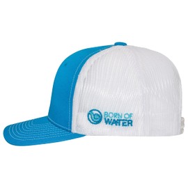 Born of Water Circling Hammerhead Scuba Diving Trucker Hat: Mens Adjustable Snapback | Fishing | Spearfishing | Freediving: Cyan/White Logo