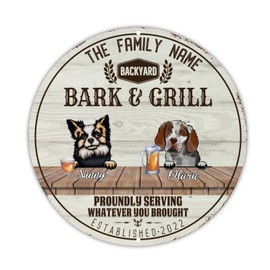 Chihuahua & Welsh Hound Beer Tin Sign Custom Family Dog Name Round Art Tin Sign Classic Barks & Grill Poster Paintings Sign Decorative for Patio Porch Pool Garden Coffee Shop 12x12in