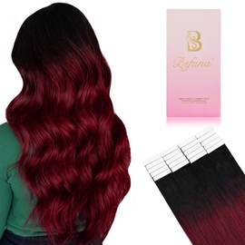 Befana Tape in Hair Extensions Human Hair,20inch 20 Pcs #T1B/99J Ombre Black to Dark Burgundy Human Hair Extensions Tape ins,Straight Silky 50g Remy Hair Extensions for Women Girls