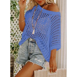 Dokotoo Womens Spring Summer Scoop Neck Short Sleeve Sweater Casual Crochet Hollow Out Knit Tops Work Business Pullover Shirts Beach Cover Ups for Women Ashleigh Blue Large