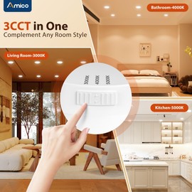 Amico 5/6 inch 3CCT LED Recessed Lighting 12 Pack, Dimmable, Damp Rated, 12.5W=100W, 950LM Can Lights with Baffle Trim, 3000K/4000K/5000K Selectable, Retrofit Installation - ETL & FCC Certified