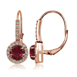 Rose Gold Flashed Sterling Silver Created Ruby and Cubic Zirconia Accents Round Leverback Earrings