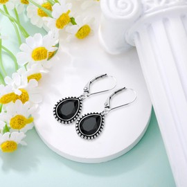 Black Austrian Crystal Earrings 925 Sterling Silver Hypoallergenic Vintage Teardrop Dangle Drop Leverback Earrings for Women