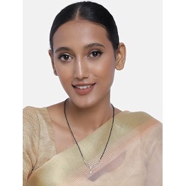 I Jewels Womens 18K Rhodium Plated Single Line American Diamond Pendant With Black Bead Chain Mangalsutra (D079) Silver