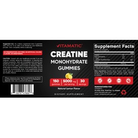 Vitamatic Vitamatic Creatine Gummies 5000mg per Serving Natural Lemon Flavor C 150 Gummies C Creatine Monohydrate for Muscle Strength, Energy & Recovery C Non-GMO, Gluten-Free