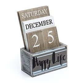 Gaobei Perpetual Calendar Wooden Calendar Blocks Vintage Wood Block Calendar for Home Office Desk Accessories Week Month Date Display (Happy Life)