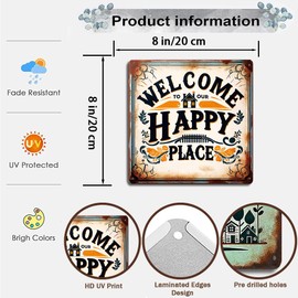Rustic Home Welcome Sign 8x8 inch – Vintage Metal Tin Wall Art, ‘Welcome to Our Happy Place’ – Cozy and Charming Decor for Entryway, Kitchen, or Patio