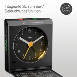 Braun Classic Analogue Travel Alarm Clock with Snooze Function and Light, Vintage Design, Compact Size, Flip Cover with World Time Zone Map, Silent Quartz Movement, Crescendo Beep Alarm in Black, BC05B