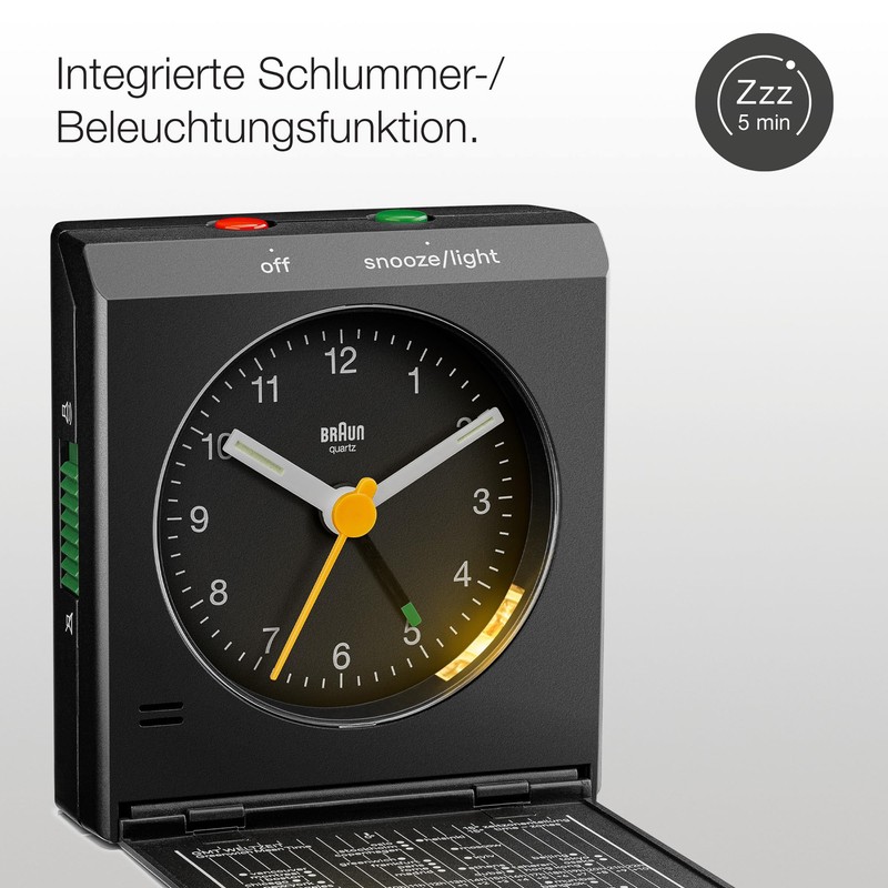 Braun Classic Analogue Travel Alarm Clock with Snooze Function and