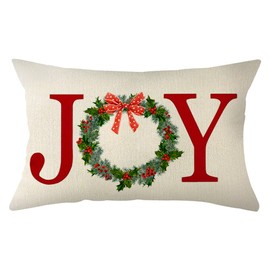Ogiselestyle Christmas Joy with Wreath Throw Pillow Cover, 12 x 20 Inch Winter Xmas Joy Holiday Cushion Case Decoration for Sofa Couch