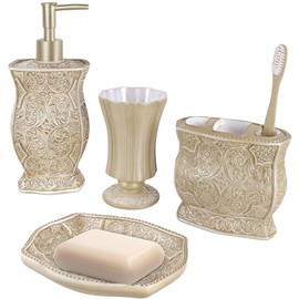 Creative Scents Victoria Beige Bathroom Accessories Set - Decorative Bathroom Accessory Set - 4 Piece Bathroom Set Features: Soap Dispenser, Toothbrush Holder, Tumbler, and Soap Dish