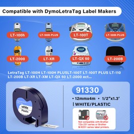 91330 Label Maker Refills Compatible with Dymo LetraTag White Paper Tape 12mm x 4m (1/2" x 13'), for Labeler Letra Tag 200B LT 100H 100T Plus, QX50, XR, XM, 2000 Label Makers, 7-Pack