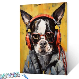 Graffiti Dog with Headphones Paint by Numbers Kits 16x20 inch Canvas DIY Oil Painting for Kids, Students, Adults Beginner with Brushes and Acrylic Pigment Rocker Funny Boston(without Frame)
